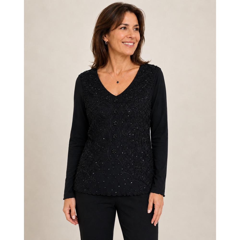 Valenti Womens Black Soutache Sequin Beaded V-Neck Top Long Sleeve Size M